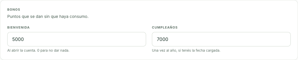 Configuración de bonos de bienvenida y cumpleaños