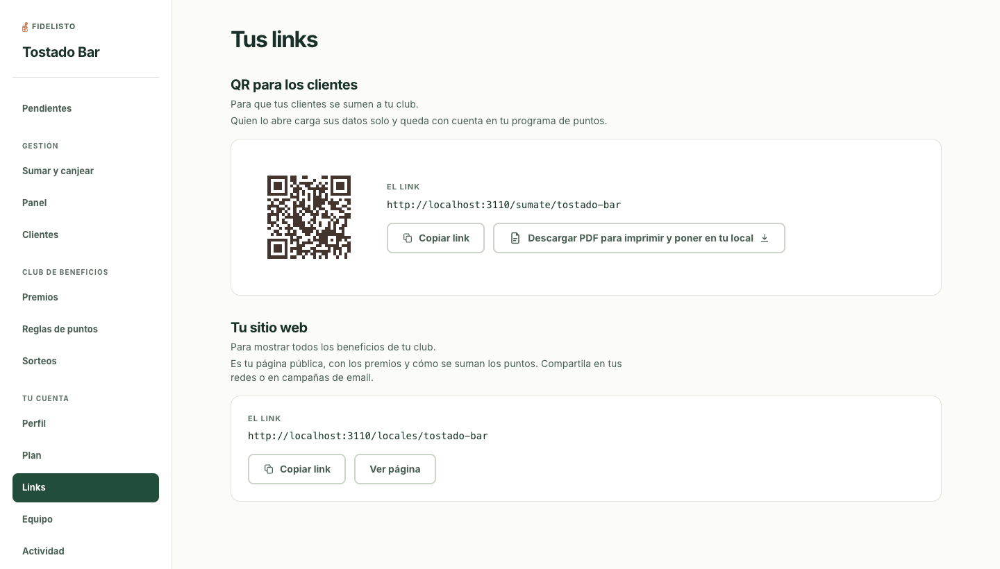 Pantalla de links con el QR para que los clientes se sumen y el cartel para imprimir