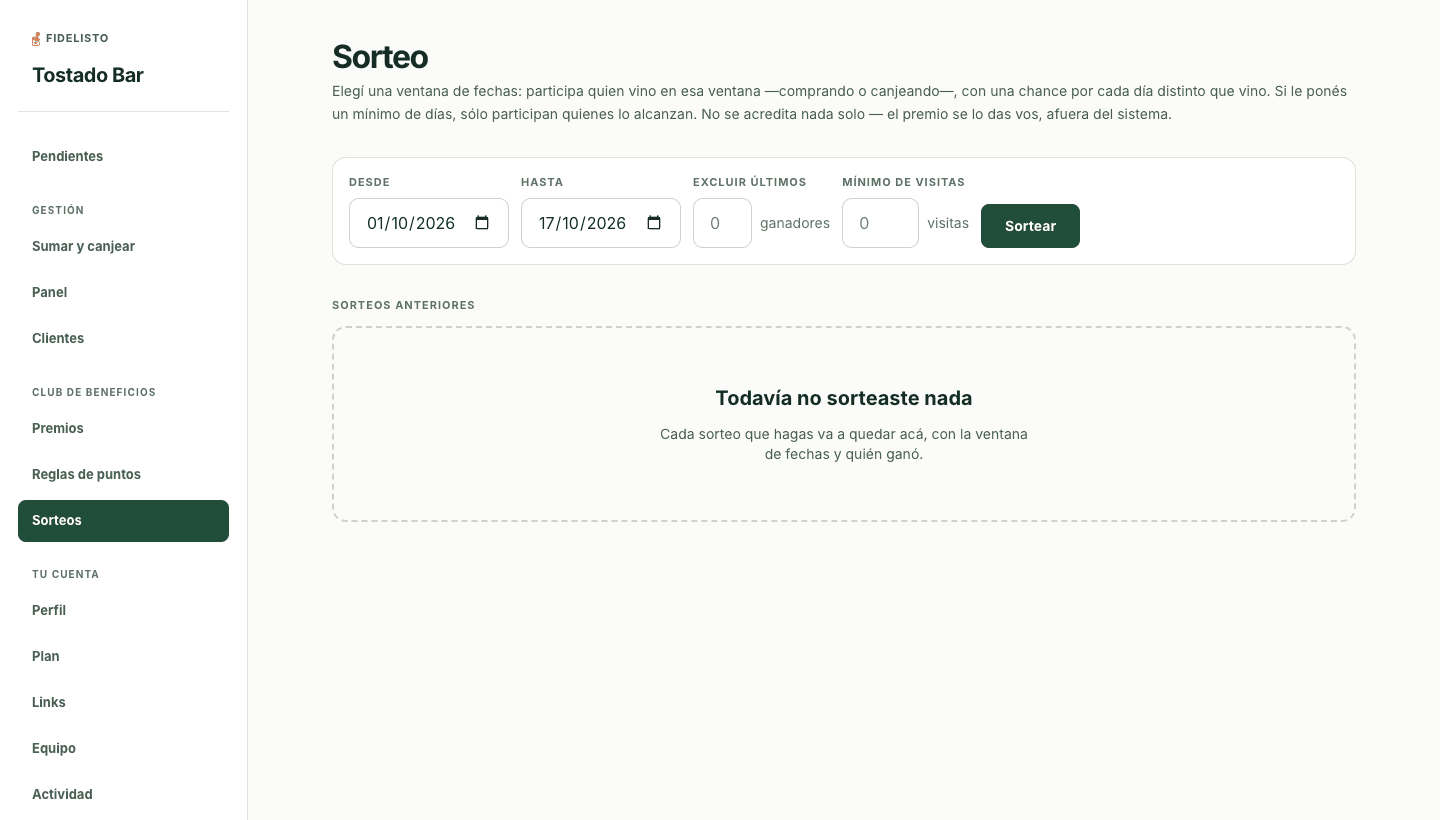 Configuración de un sorteo y tabla de sorteos anteriores en Fidelisto Plus