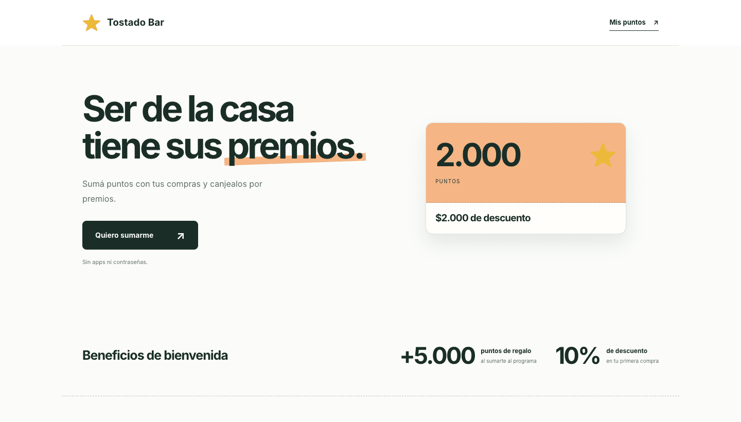 Página pública de un comercio con su logo, sus colores y sus premios
